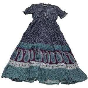 eShakti Dress Womens Size 0 Paisley Tiered Maxi Navy Purple Teal Ruffle Neck